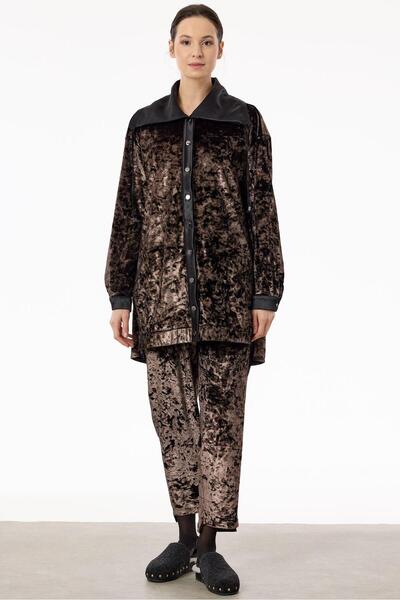 Tığ Triko Önden Çıtçtlı Kadife Pantolonlu Takım KAHVE