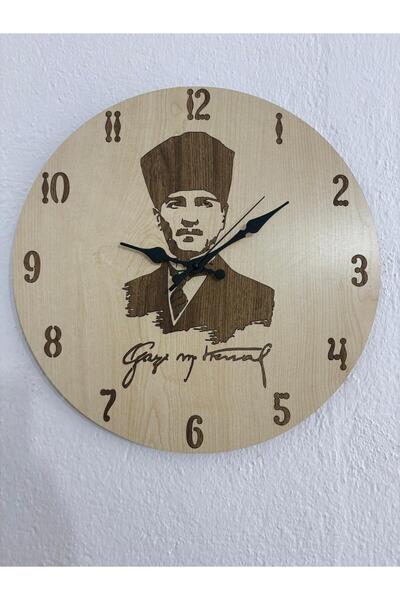 Pelince Ataturk Series - Wooden Wall Clock - 40 cm - Light/Dark Background Options Available