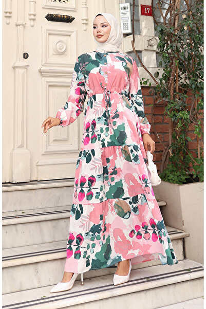 sefamerve Φόρεμα με μοτίβο από ύφασμα με κορδόνια στη μέση 0161-02 Dusty Rose