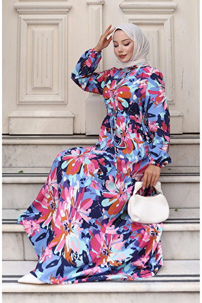 sefamerve Φόρεμα Modal Fabric με μισό κουμπί 0164-01 Ροζ Ναυτικό Μπλε