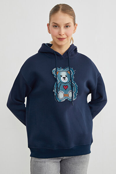 Fulla Moda 3-нитковий джинсовий светр з капюшоном Oversize з вишивкою ведмедика