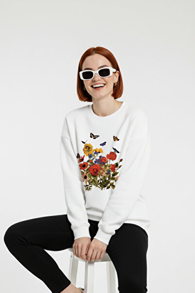 uyguntarz Unisex Colorful Flowers Printed Oversize Crew Neck Sweatshirt