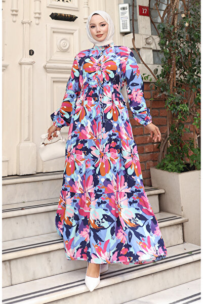 sefamerve Φόρεμα Modal Fabric με μισό κουμπί 0164-01 Ροζ Ναυτικό Μπλε