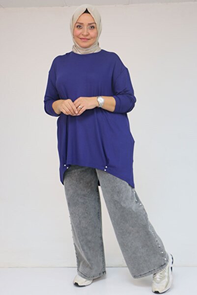 Eslina 58121 Plus Size Strawberry Tunic with Side Ruffles - Indigo