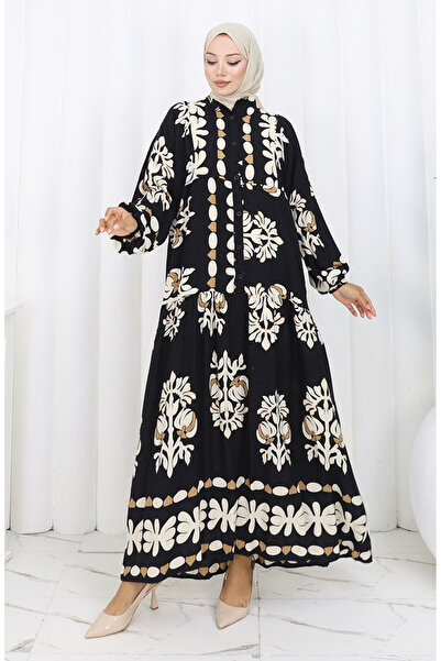 sefamerve Viskon Kumaş Yarım Düğmeli Elbise 2156-02 Siyah