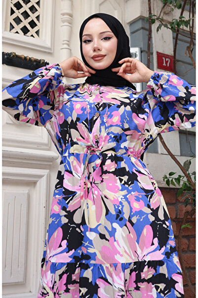 sefamerve Φόρεμα Modal Fabric με μισό κουμπί 0164-03 Dusty Rose Navy Blue