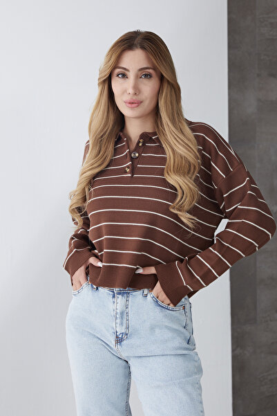 DPARİS Striped Polo Neck Buttoned Knitwear Sweater