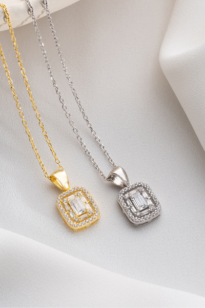Two Arts Jewelry 925 Ayar Gümüş Kare Baget Taşlı Zirkon Kolye – Zirkon Taşlı – Kadın