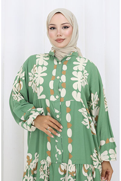 sefamerve Φόρεμα με μισό κουμπί από ύφασμα βισκόζης 2156-01 Χακί