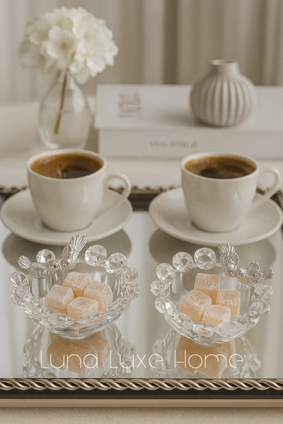 Luna Luxe Home Kuş Çifti Detaylı 2'li Kristal Cam Lokumluk, Damat Kahvesi Sunumluk, İsteme/Söz/Nişan (Altın/Gümüş)