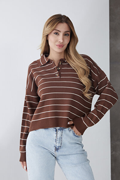 DPARİS Striped Polo Neck Buttoned Knitwear Sweater