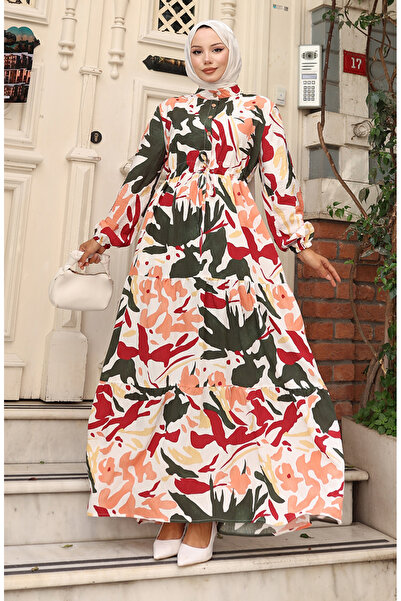 sefamerve Φόρεμα από ύφασμα με κορδόνια στη μέση 0165-01 Χακί Βουργουνδία