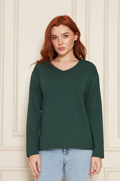 Tight Lady Σμαραγδένιο μπλουζάκι από 100% οργανικό βαμβάκι με λαιμόκοψη σε σχήμα V, μαλακή υφή, κανονική εφαρμογή, άνετη εφαρμογή, μακρυμάνικο χτενισμένο βαμβακερό μπλουζάκι