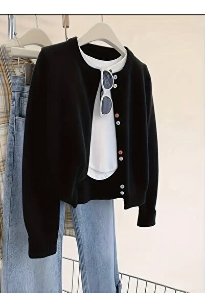 NATUFIAN STORE Cardigan de tricotat de bază cu nasturi de culoare neagră pentru femei