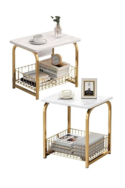 AGD Coffee Table Set, 2 Pieces, Side Table with Bottom Storage Basket, Modern Marble Design for Livi
