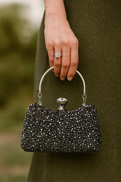 VESSARA Women's Anthracite Evening Dress Bag with Large Crystal Stone Hand and Long Chain Strap