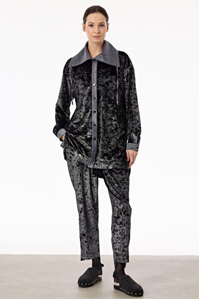 Tığ Triko Önden Çıtçtlı Kadife Pantolonlu Takım GRİ