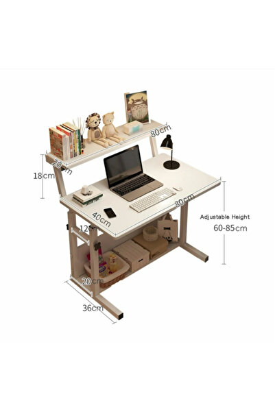 Un طاولة مكتب كمبيوتر أنيق وعصري مع رفوف تخزين متعددة، مثالي للدراسة والعمل