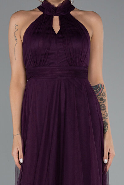 Abiyefon Mor Halter Yaka Uzun Abiye Elbise ABU3252