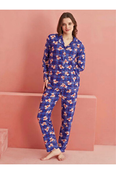 Tutkum Kadın Süvet Pijama Takımı Uzun Kollu Çiçek Desenli Rahat Ev Giyim