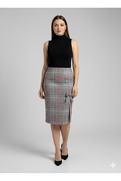 Green'DAL Kadın Giyim Mini Yırtmaçlı Ekoseli Kalem Etek