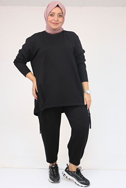 Eslina 57045 Plus Size Modal Pants Suit with Front Tie Detail - Black