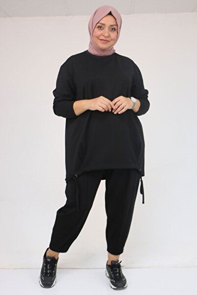 Eslina 57045 Plus Size Modal Pants Suit with Front Tie Detail - Black