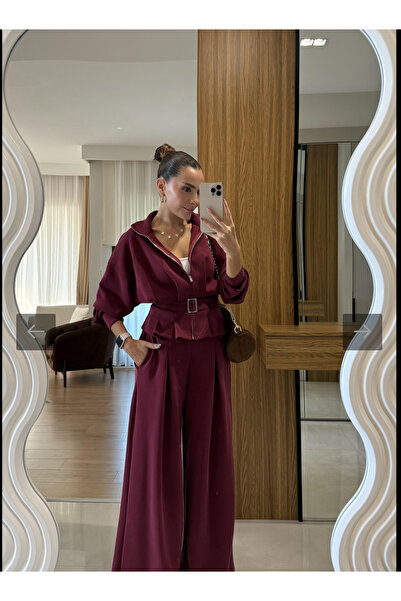 Bak'ap Premium Modal Kumaş Kemer Detaylı Ceket-Bol Paça Pantolon Takım