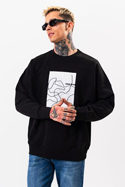 Denim Republic Men's Sweatshirt Black Oversize Cotton with Print Detail