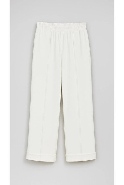 Sentez Ekru Renk Nervürlü Bambu Duble Paça Pantolon