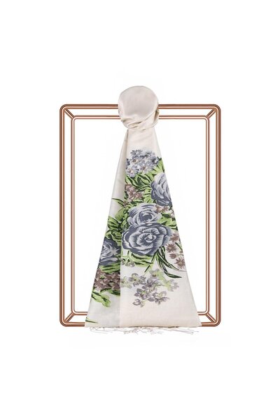 ipekevi Palace Garden Patterned Silk Shawl 02677-White Silver