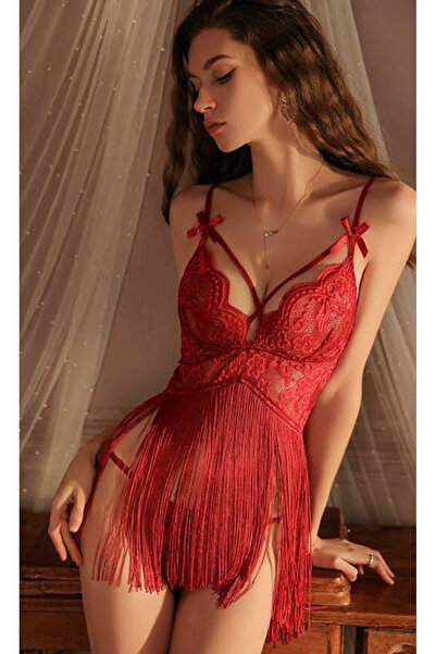 Mores Saçaklı İnce Püsküllü Tanga Hediyeli Gecelik