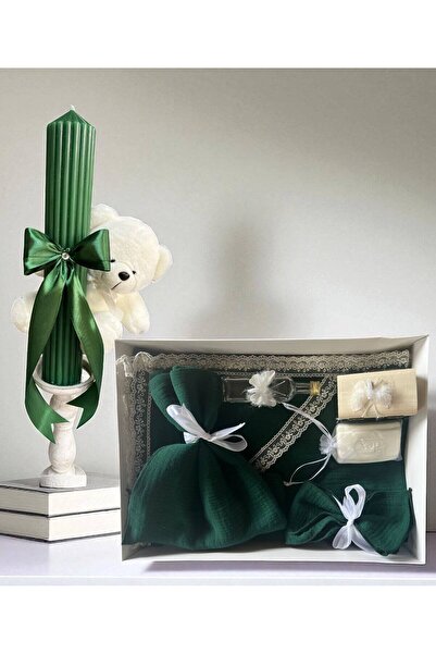 Botez Set trusou muselina si lumanare verde cu ursulet