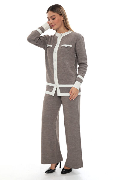 VAJESTO Tricotaj cu nasturi cu dungi de nurcă pentru femei Pantaloni Cardigan Set din două piese Set de jos și de sus