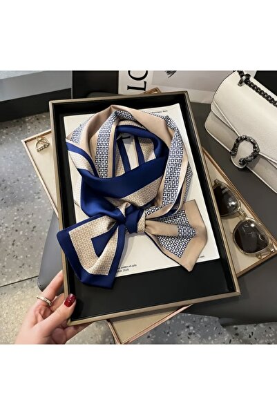 Accessories Hei Navy Blue Beige Patterned Stylish Silk Look Square Scarf Foulard Women's Accessory