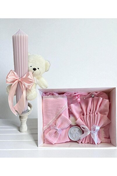 Botez Set trusou muselina si lumanare pudra cu ursulet