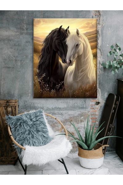 ESLEM SİYAH VE BEYAZ AT - AŞK - BASKI KANVAS TABLO