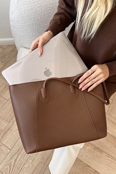 BAHELS Kadın Acı Kahve Basic Fermuarlı Tote El ve Omuz Çantası