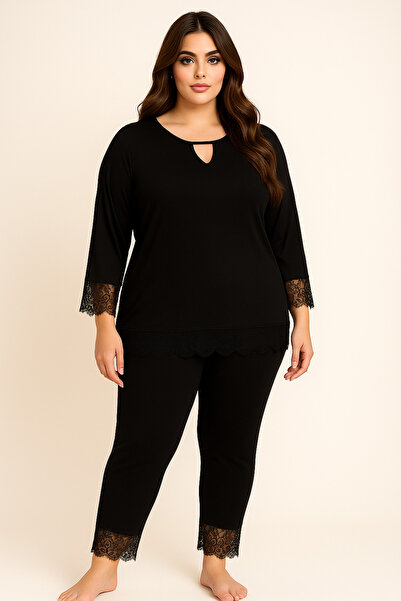 Butik Nilyam Women's Plus Size Lace Window Detail Cotton Oversized Soft Textured Pajama Set Black