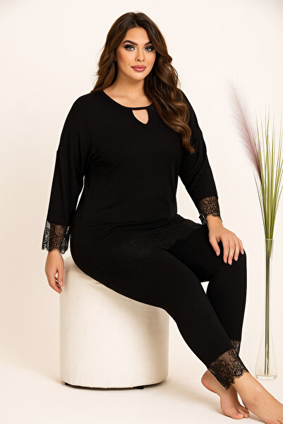 Butik Nilyam Women's Plus Size Lace Window Detail Cotton Oversized Soft Textured Pajama Set Black