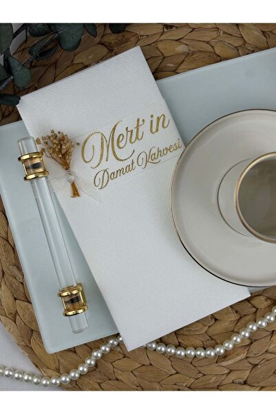 Rima Tasarım Çiçekli Damat Kahvesi Sunum Peçetesi – Varak Baskılı, Kumaş Doku...