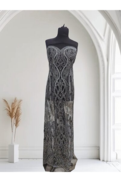 abiye pazarı Taş İşlemeli Simli Tül Abiye Kumaş