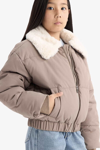 DeFacto Детско палто с качулка от изкуствена кожа и цип, светлокафяво C5388A8...