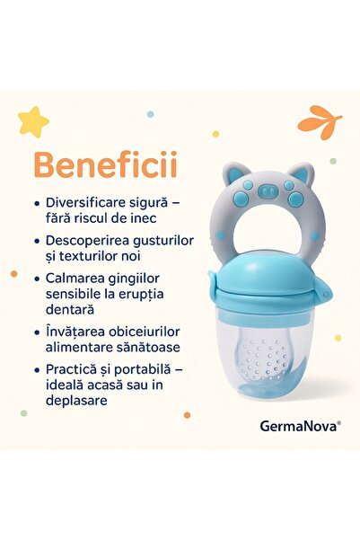 GermaNova Πιπίλα GermaNova™ για φρούτα και λαχανικά, μαλακή σιλικόνη, για διαφοροποίηση τροφίμων, μπλε