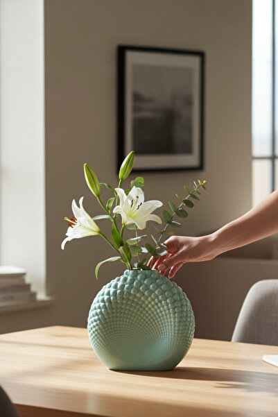 ardesta El Yapımı Baloncuklu İskandinav Dekoratif Vazo 20x23 cm | Seramik Görünümlü Büyük Salon Vazosu