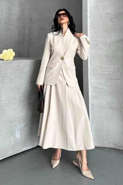 spirituel Set dublu pentru femei, cu detaliu elegant cu nasturi, cu guler ridicat, jachetă, fustă lungă, cu clopot