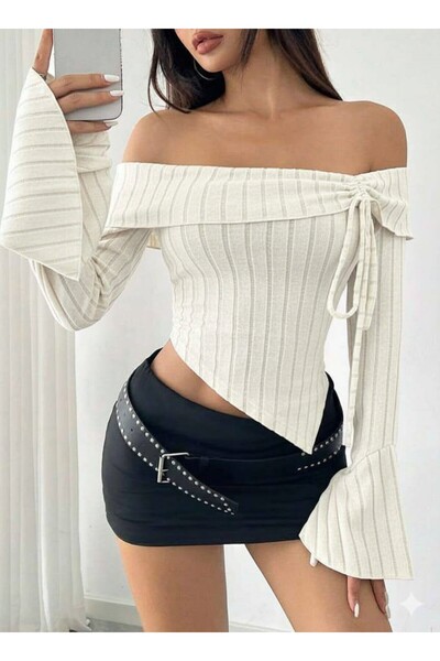 SHİROSA ασύμμετρη μπλούζα με κορδόνια με γιακά μαντόνα