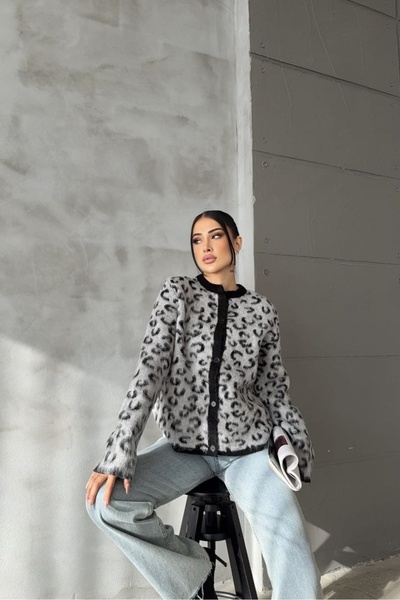 Noi Belis Leopard Patterned Crew Neck Knitwear Cardigan Aw25Hi0040