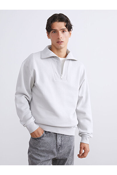 LC Waikiki Gray Zippered Stand Collar Men's Thick Sweatshirt
