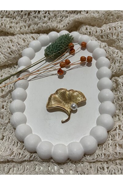 İncili gingko yaprağı gold broş